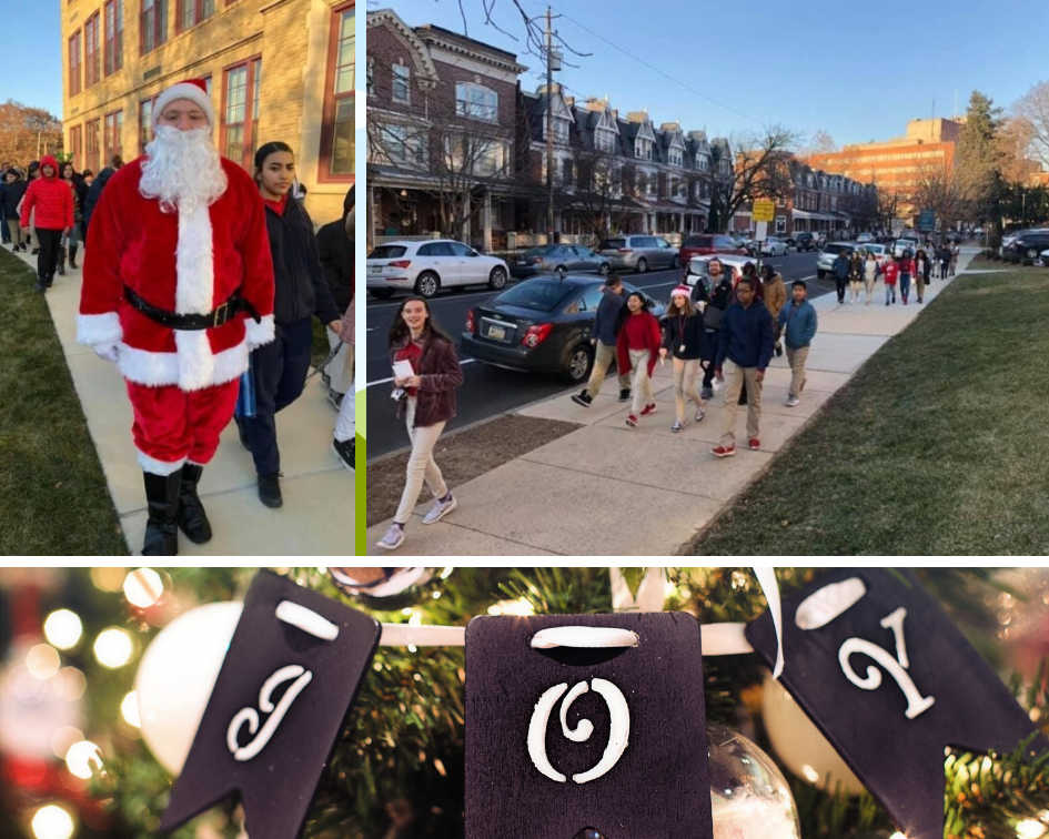 Teacher dressed like Santa and group of students giving cards to the community. 