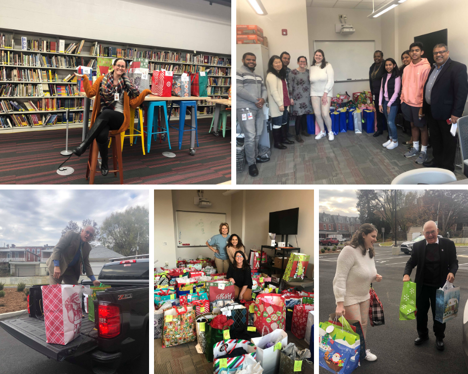 Five different pictures of people giving gifts to Reynolds Middle School.