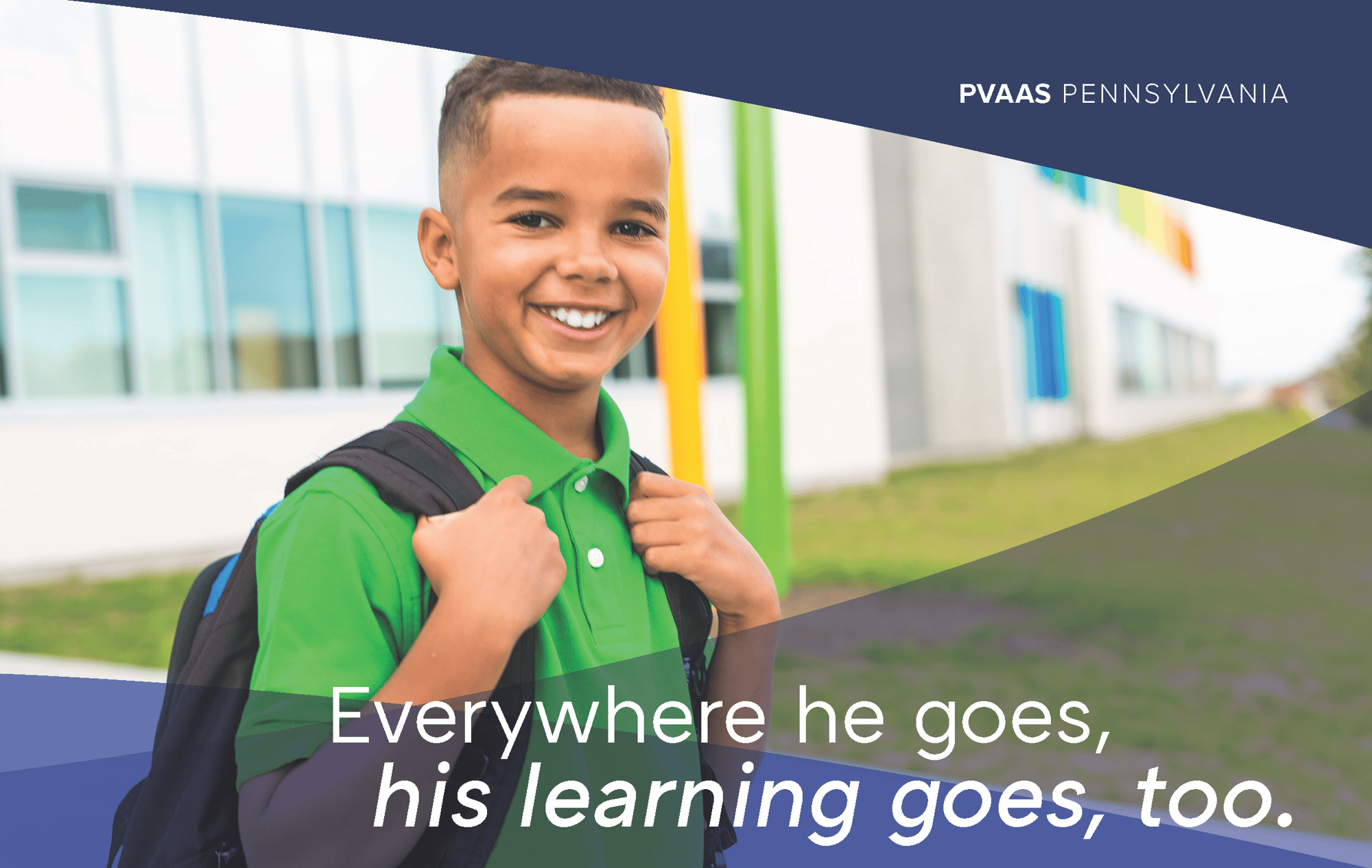Smiling child holding backpack, with overlaid wording, "Everywhere he goes, his learning goes, too."